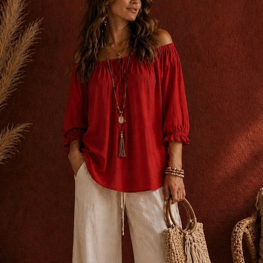HolyClothing Renée Tunic 4X Red Cotton Peasant Blouse Renaissance Boho Medieval